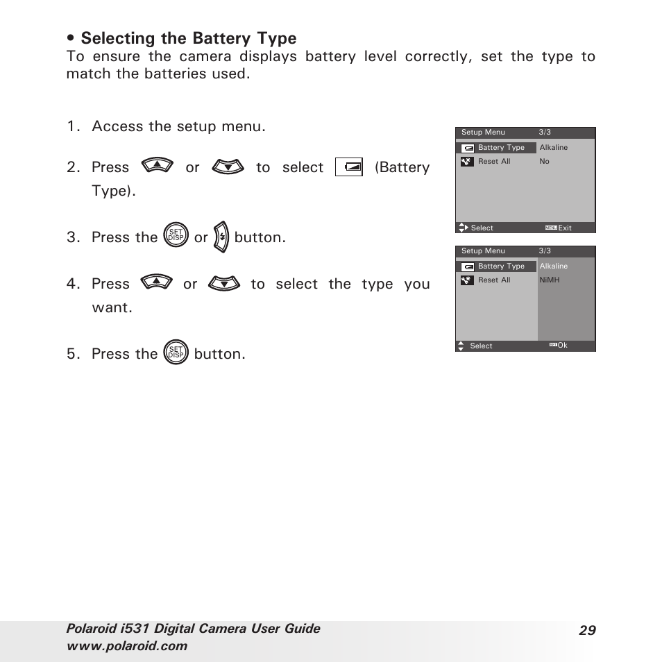 Selecting the battery type | Polaroid i531 User Manual | Page 29 / 105