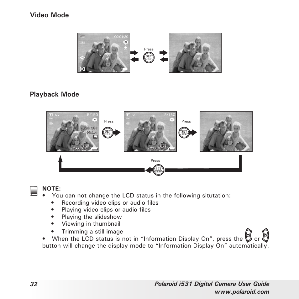 Video mode, Playback mode, Playing video clips or audio files | Polaroid i531 User Manual | Page 32 / 105