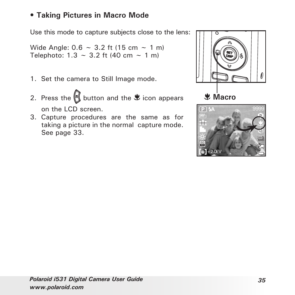 Taking pictures in macro mode, Macro | Polaroid i531 User Manual | Page 35 / 105