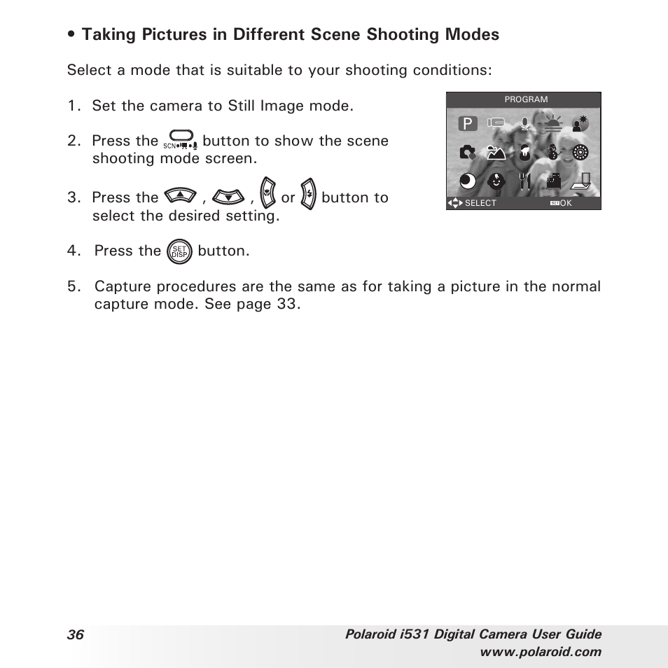 Taking pictures in different scene shooting modes | Polaroid i531 User Manual | Page 36 / 105