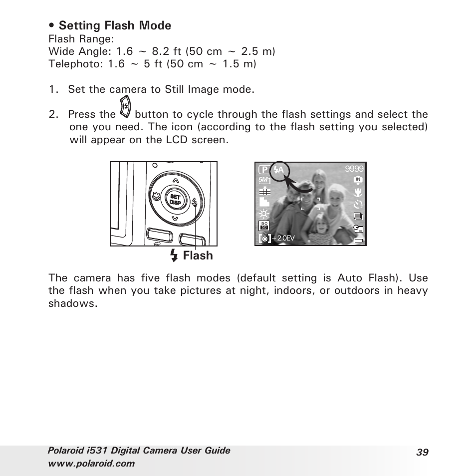 Setting flash mode, Flash | Polaroid i531 User Manual | Page 39 / 105