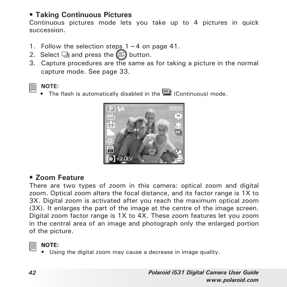 Taking continuous pictures, Zoom feature | Polaroid i531 User Manual | Page 42 / 105