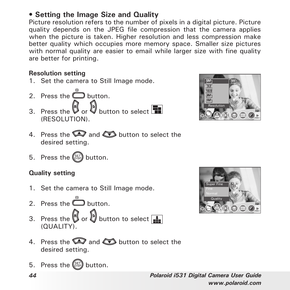 Setting the image size and quality | Polaroid i531 User Manual | Page 44 / 105