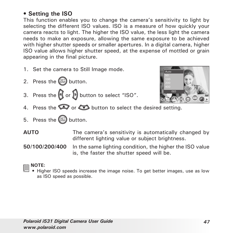 Setting the iso | Polaroid i531 User Manual | Page 47 / 105