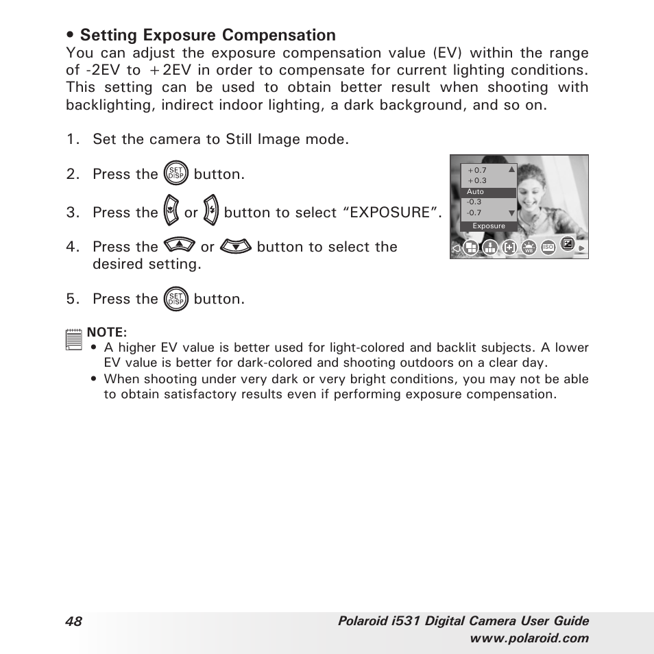 Setting exposure compensation | Polaroid i531 User Manual | Page 48 / 105