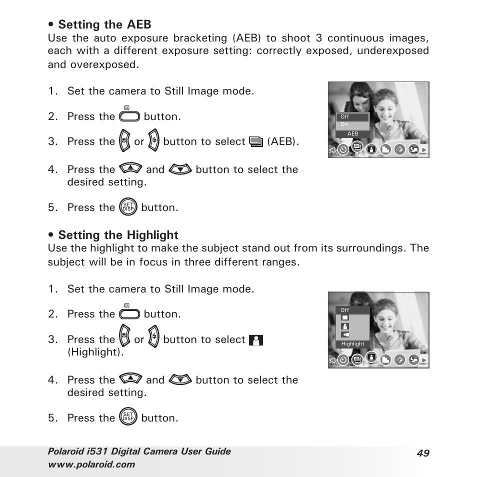 Setting the aeb, Setting the highlight | Polaroid i531 User Manual | Page 49 / 105