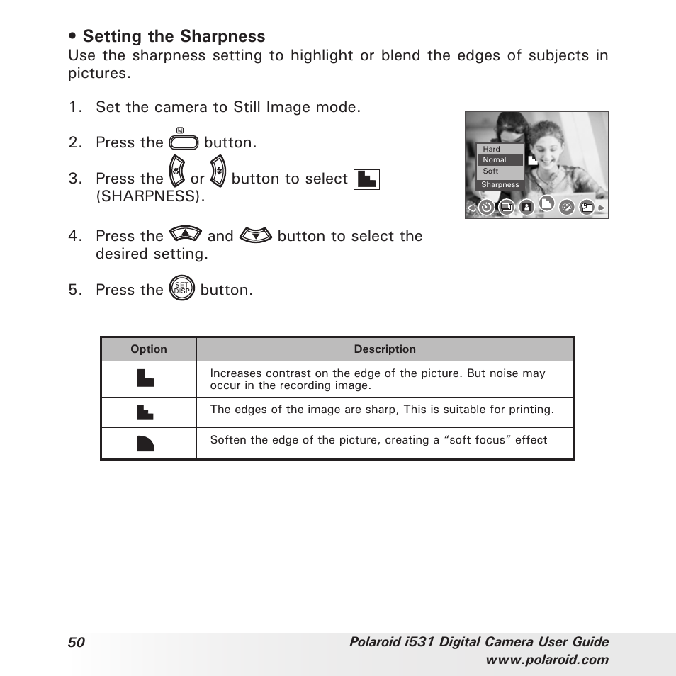 Setting the sharpness | Polaroid i531 User Manual | Page 50 / 105