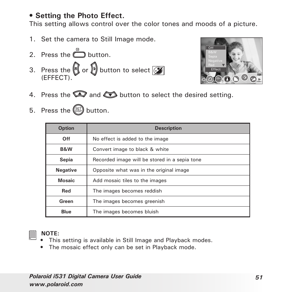 Setting the photo effect | Polaroid i531 User Manual | Page 51 / 105