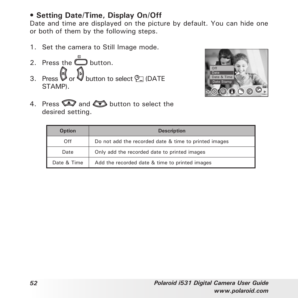 Setting date/time, display on/off, Press and button to select the desired setting | Polaroid i531 User Manual | Page 52 / 105