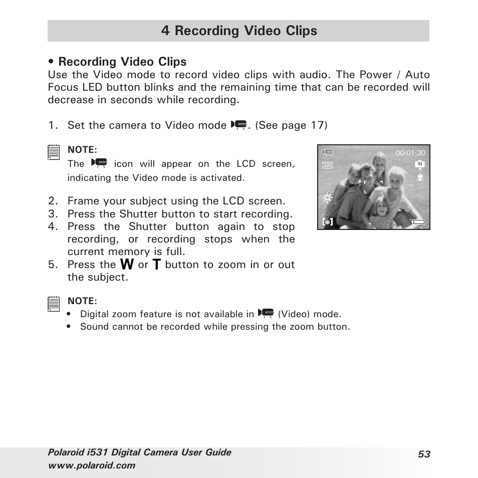 4 recording video clips, Recording video clips | Polaroid i531 User Manual | Page 53 / 105