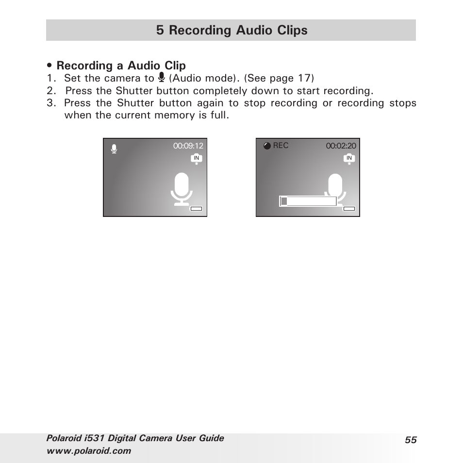 5 recording audio clips, Recording a audio clip | Polaroid i531 User Manual | Page 55 / 105