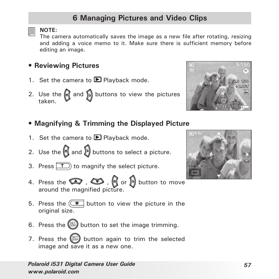 6 managing pictures and video clips, Reviewing pictures, Magnifying & trimming the displayed picture | Polaroid i531 User Manual | Page 57 / 105