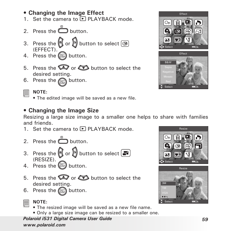 Changing the image effect, Changing the image size | Polaroid i531 User Manual | Page 59 / 105