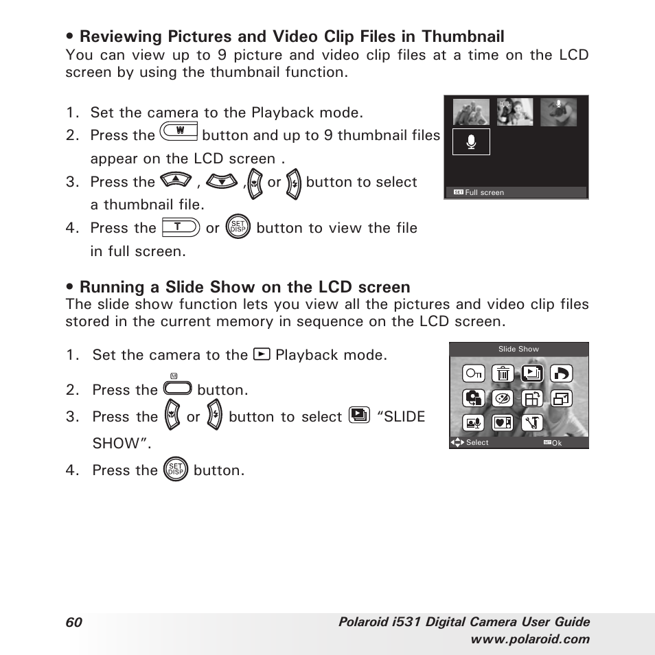 Running a slide show on the lcd screen | Polaroid i531 User Manual | Page 60 / 105
