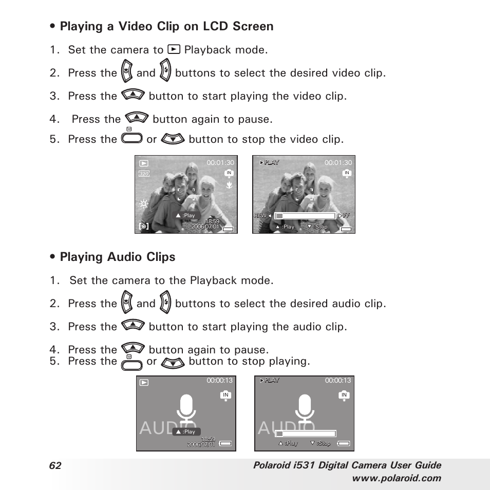 Audio, Playing a video clip on lcd screen, Playing audio clips | Polaroid i531 User Manual | Page 62 / 105
