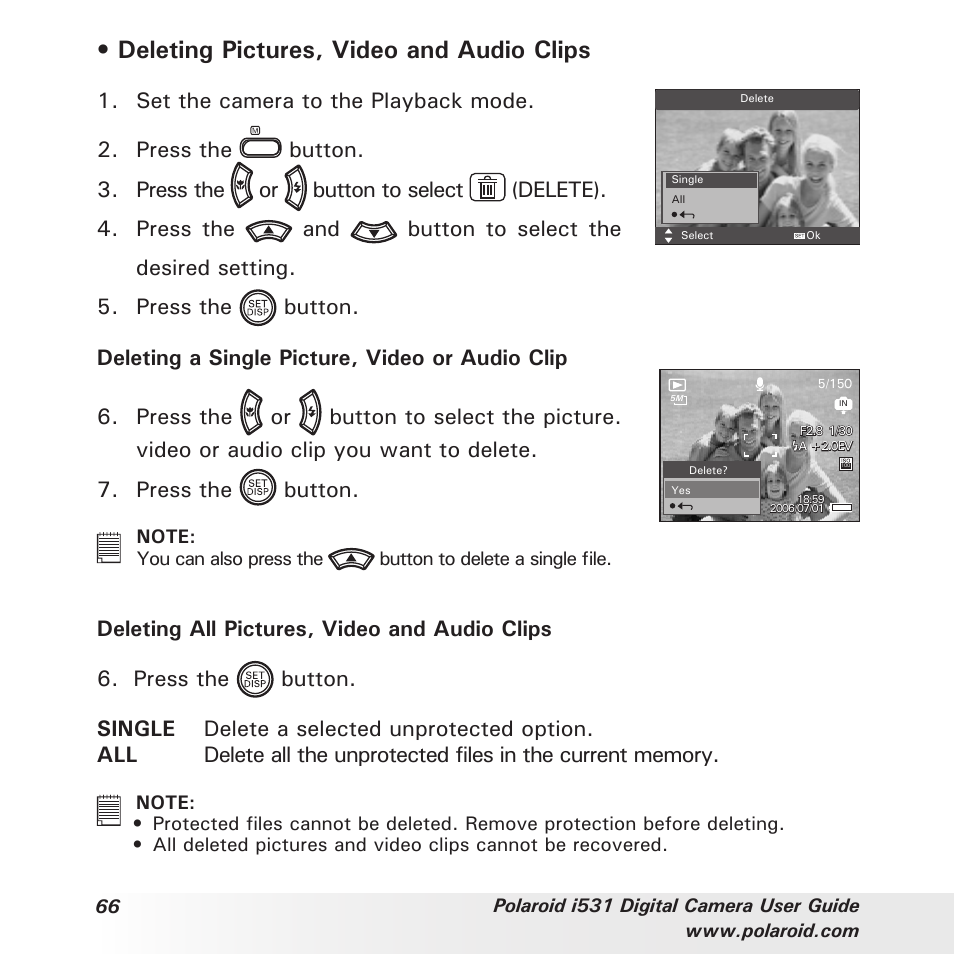 Deleting pictures, video and audio clips, Set the camera to the playback mode | Polaroid i531 User Manual | Page 66 / 105