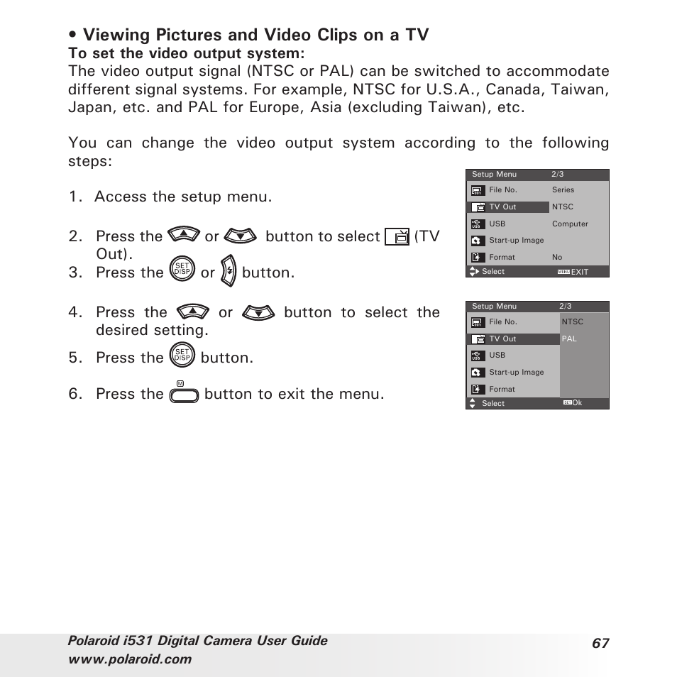 Viewing pictures and video clips on a tv, Press the button to exit the menu | Polaroid i531 User Manual | Page 67 / 105