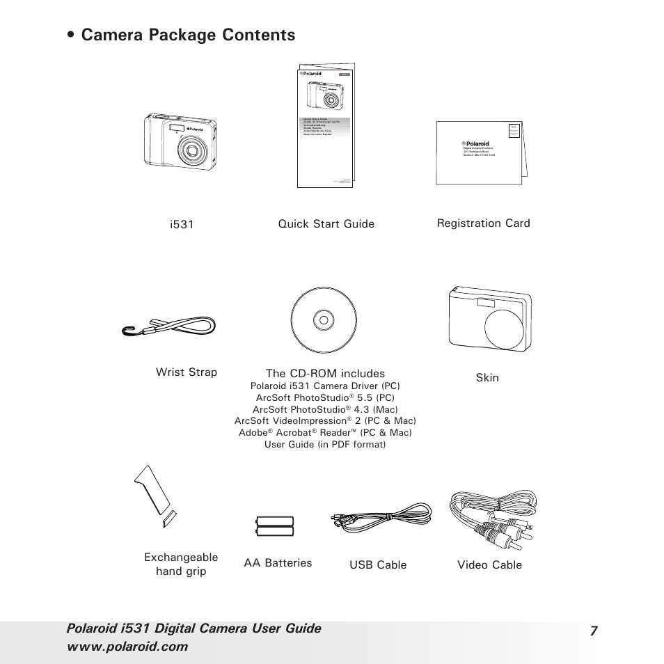 Camera package contents, Registration card, I531 the cd-rom includes | Exchangeable hand grip | Polaroid i531 User Manual | Page 7 / 105