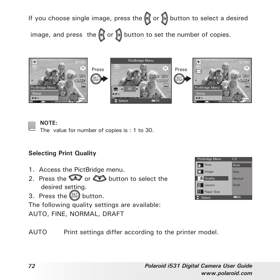 Selecting print quality | Polaroid i531 User Manual | Page 72 / 105