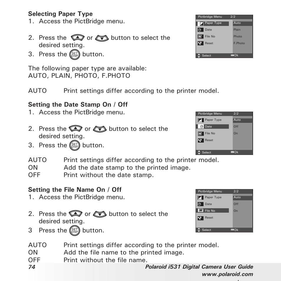 Selecting paper type 1. access the pictbridge menu | Polaroid i531 User Manual | Page 74 / 105