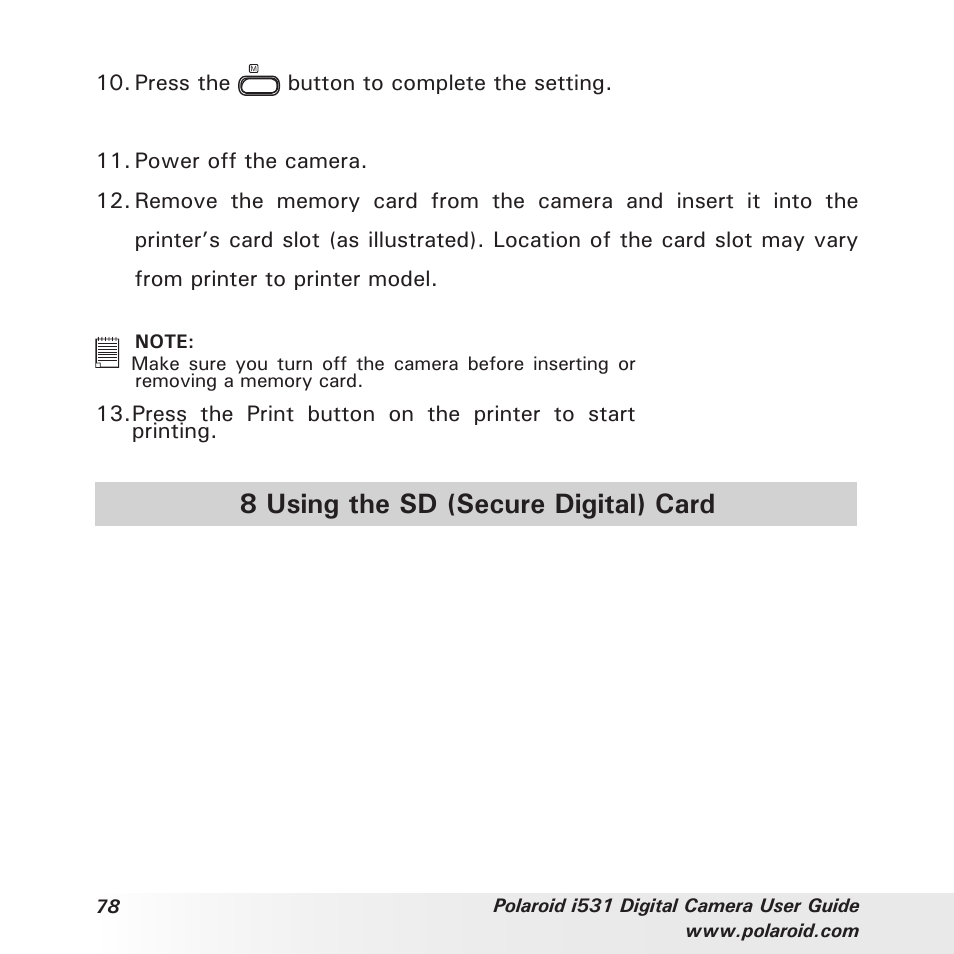 8 using the sd (secure digital) card | Polaroid i531 User Manual | Page 78 / 105