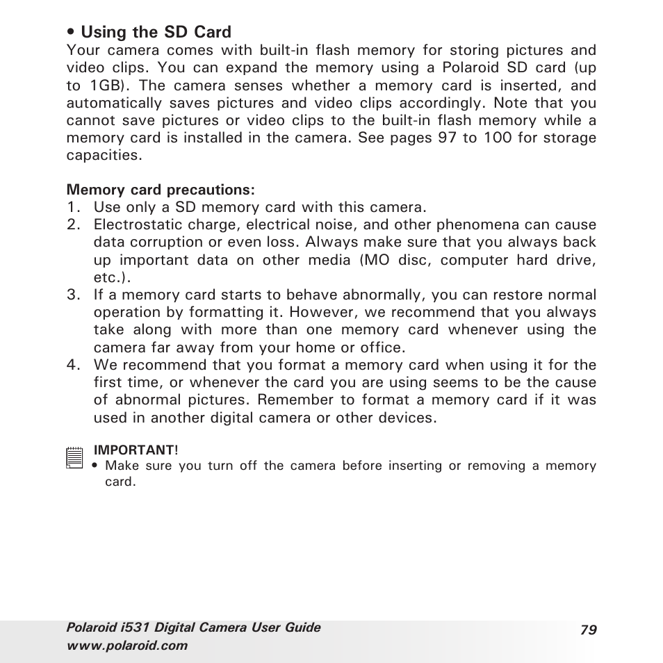 Using the sd card | Polaroid i531 User Manual | Page 79 / 105