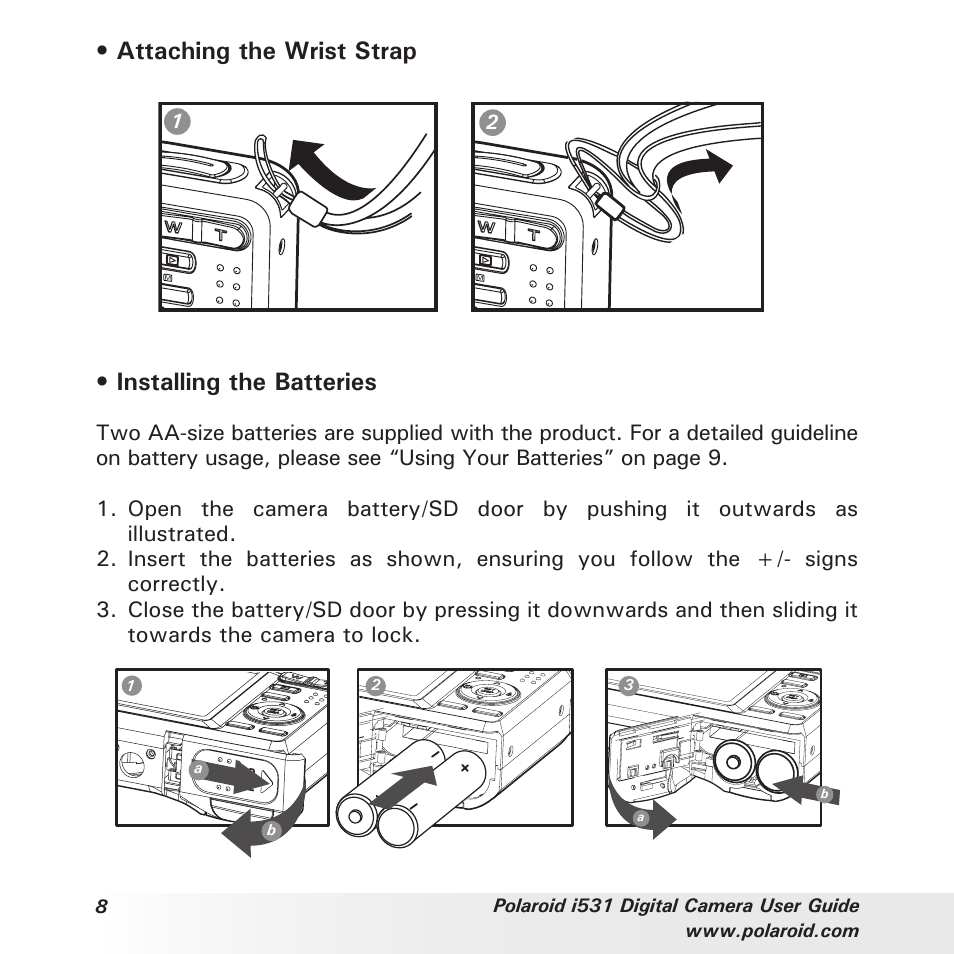 Attaching the wrist strap, Installing the batteries | Polaroid i531 User Manual | Page 8 / 105