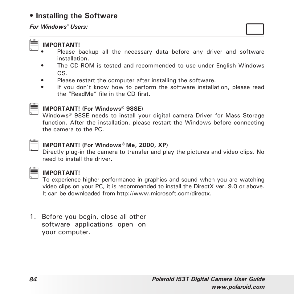 Installing the software | Polaroid i531 User Manual | Page 84 / 105