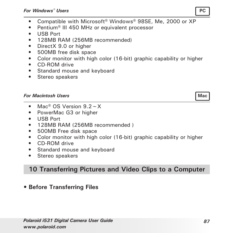 Before transferring files | Polaroid i531 User Manual | Page 87 / 105