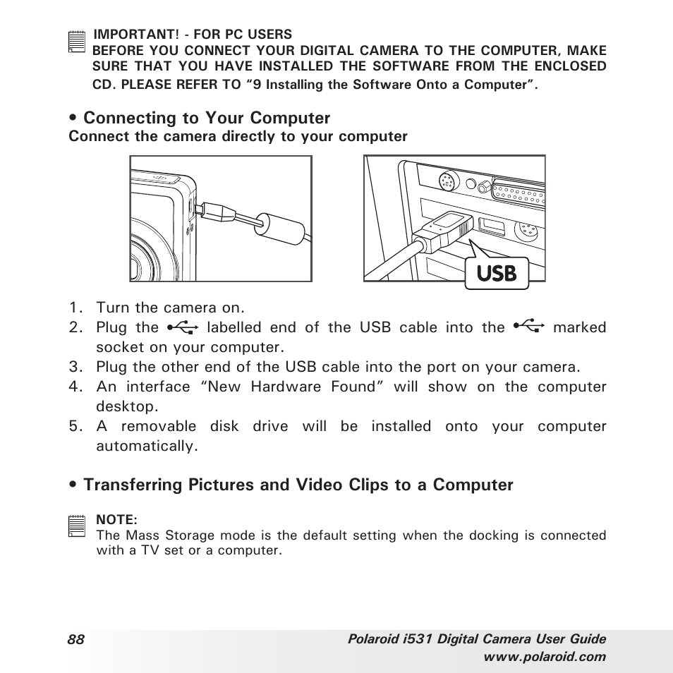 Connecting to your computer | Polaroid i531 User Manual | Page 88 / 105