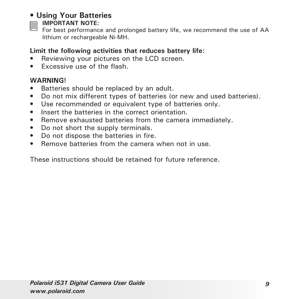 Using your batteries | Polaroid i531 User Manual | Page 9 / 105