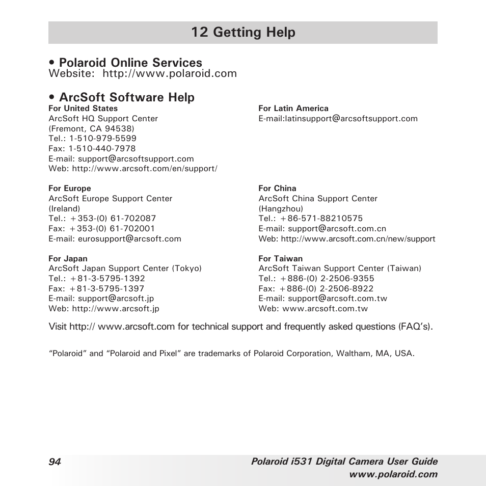 12 getting help, Polaroid online services, Arcsoft software help | Polaroid i531 User Manual | Page 94 / 105