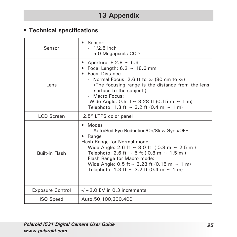 13 appendix, Technical specifications | Polaroid i531 User Manual | Page 95 / 105