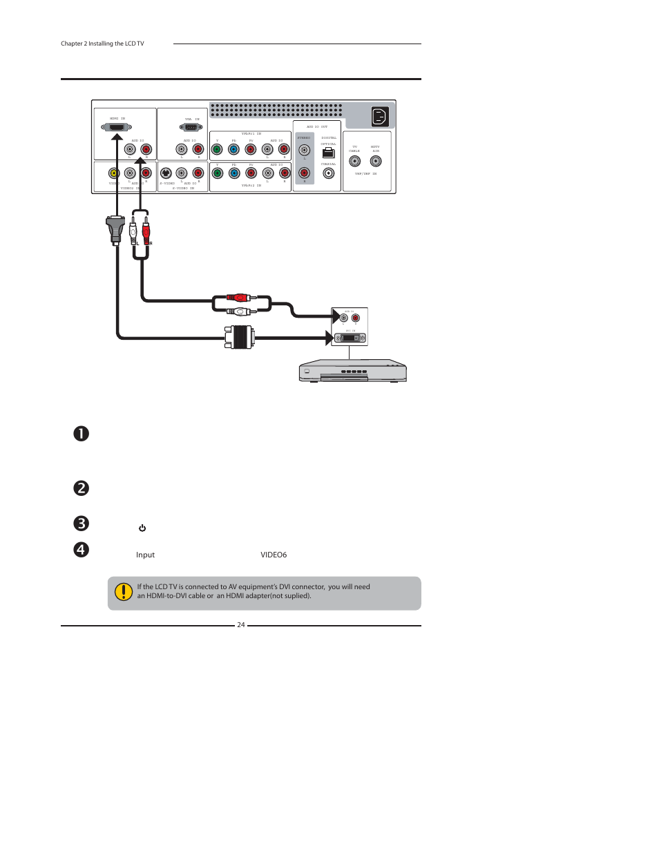 Connecting an av equipment with dvi connector, Use an audio cable to connect the, Audio output jacks to lcd tv’s hdmi audio jacks | Polaroid 37" User Manual | Page 25 / 76