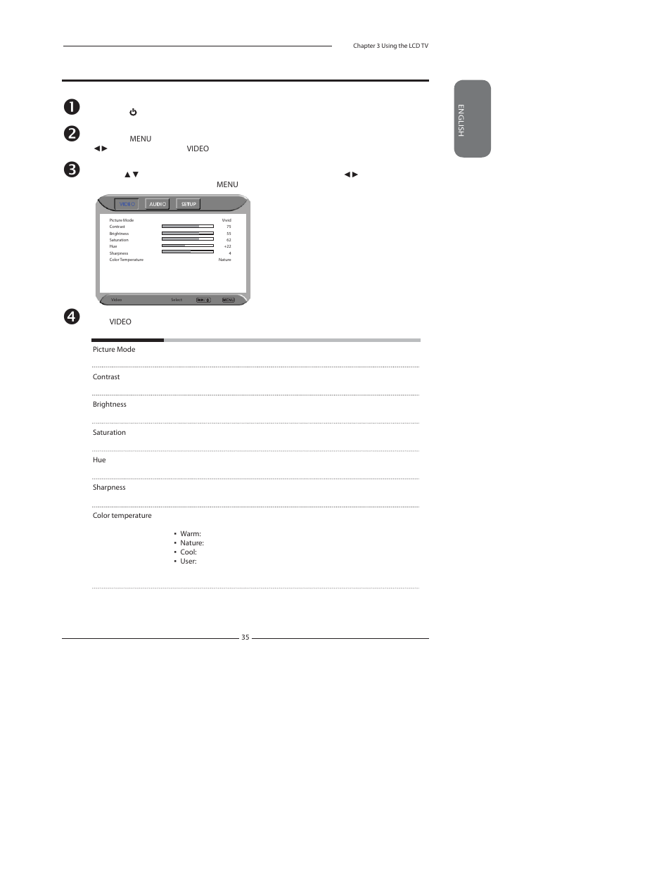 Customizing the video settings | Polaroid 37" User Manual | Page 36 / 76