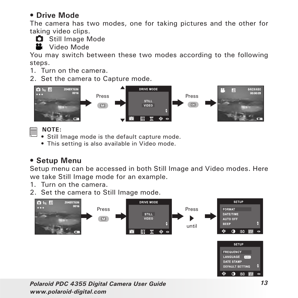 Drive mode, Setup menu | Polaroid PDC 4355 User Manual | Page 13 / 80