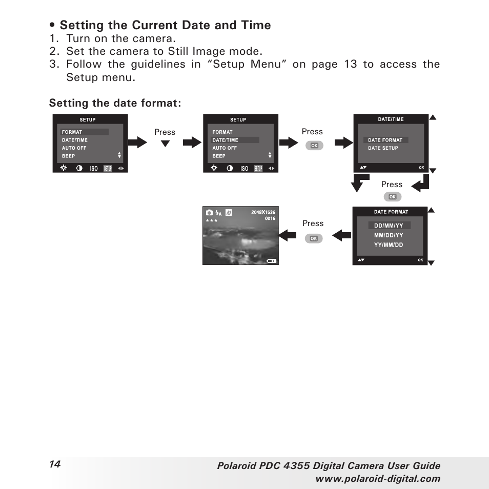 Setting the current date and time | Polaroid PDC 4355 User Manual | Page 14 / 80