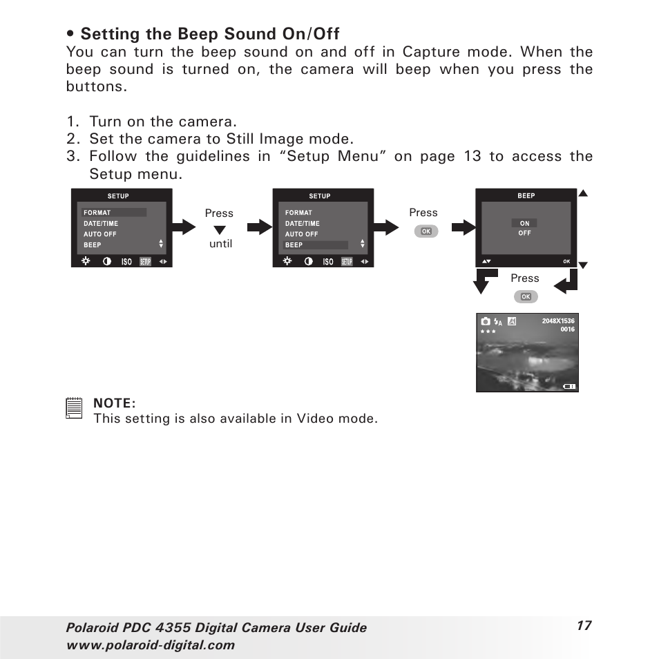 Setting the beep sound on/off | Polaroid PDC 4355 User Manual | Page 17 / 80