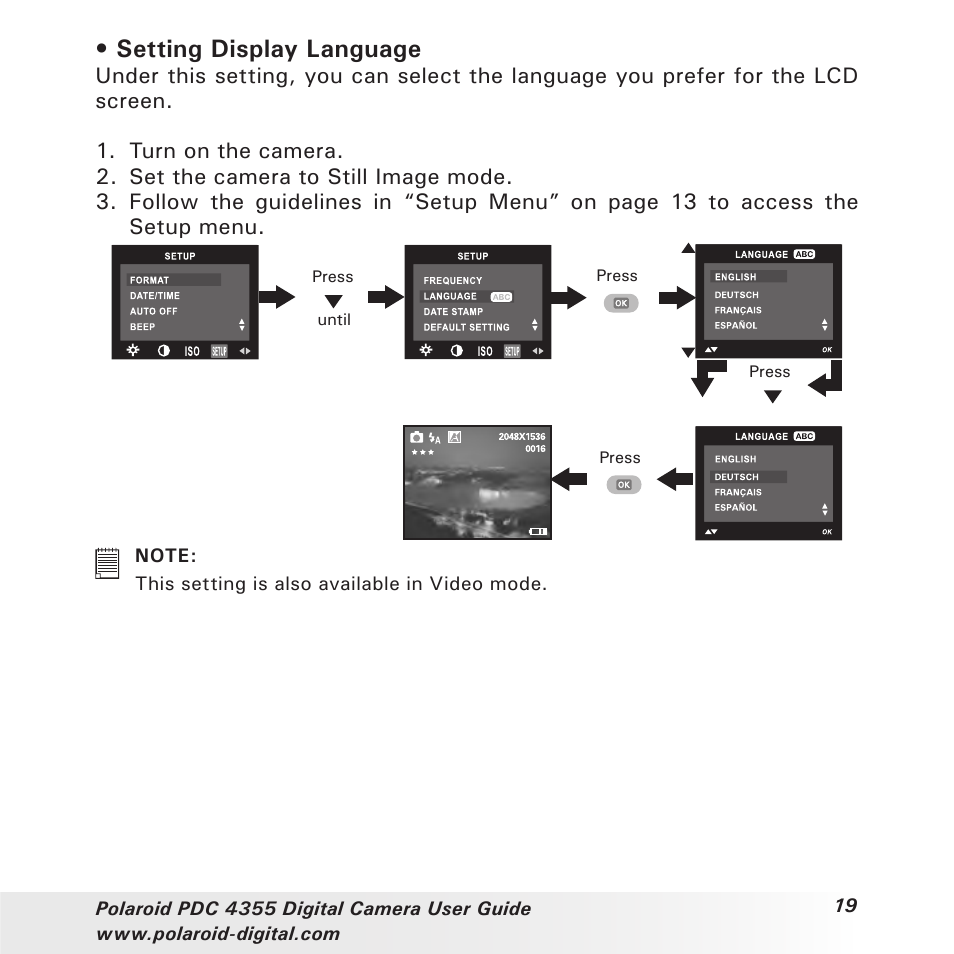 Setting display language | Polaroid PDC 4355 User Manual | Page 19 / 80