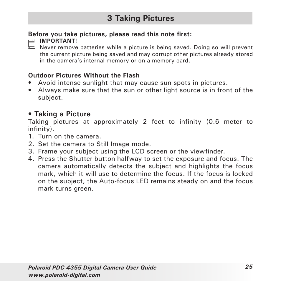 3 taking pictures, Taking a picture | Polaroid PDC 4355 User Manual | Page 25 / 80