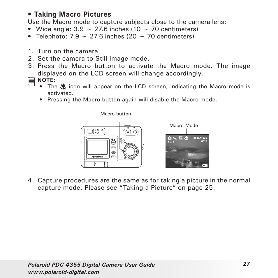 Taking macro pictures | Polaroid PDC 4355 User Manual | Page 27 / 80