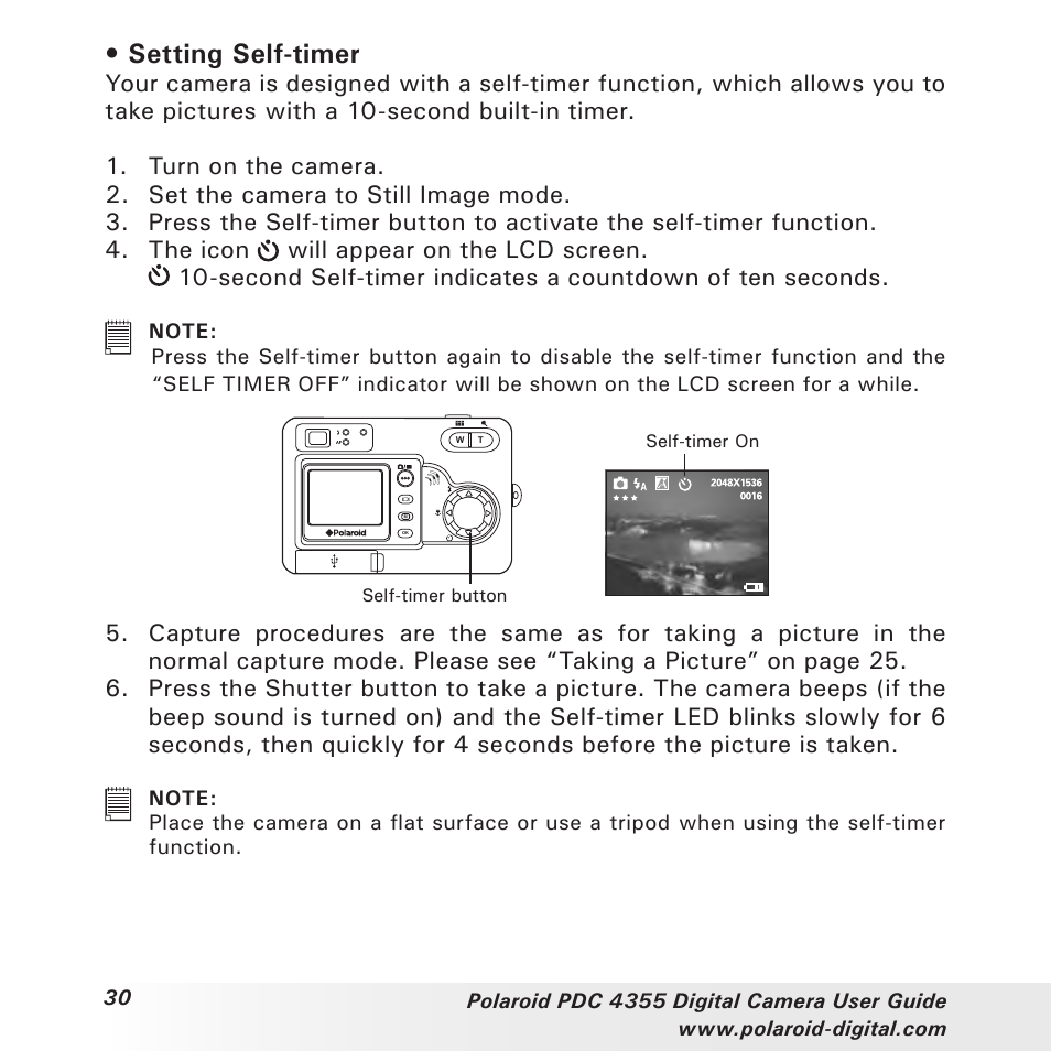 Setting self-timer | Polaroid PDC 4355 User Manual | Page 30 / 80