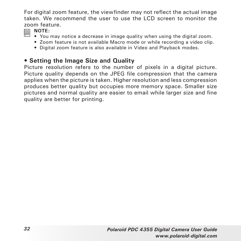 Setting the image size and quality | Polaroid PDC 4355 User Manual | Page 32 / 80