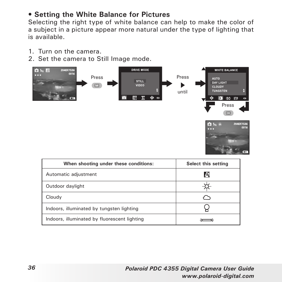 Setting the white balance for pictures | Polaroid PDC 4355 User Manual | Page 36 / 80