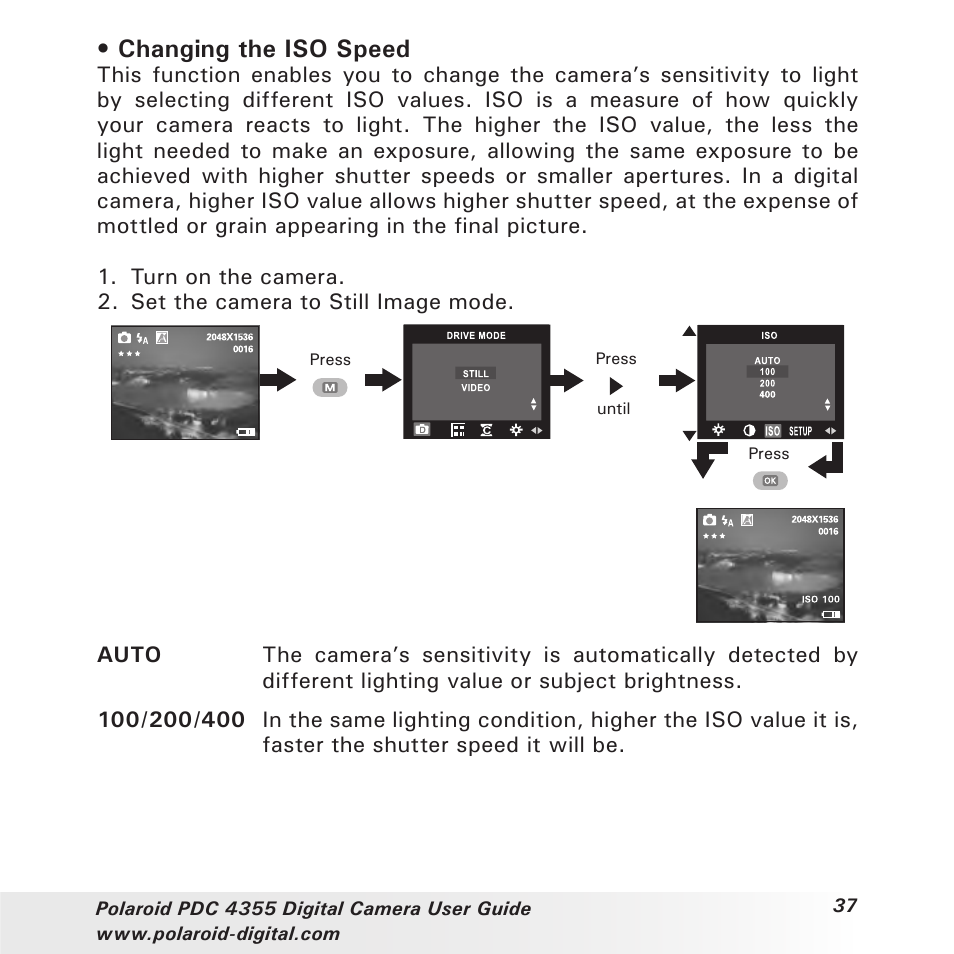 Changing the iso speed | Polaroid PDC 4355 User Manual | Page 37 / 80