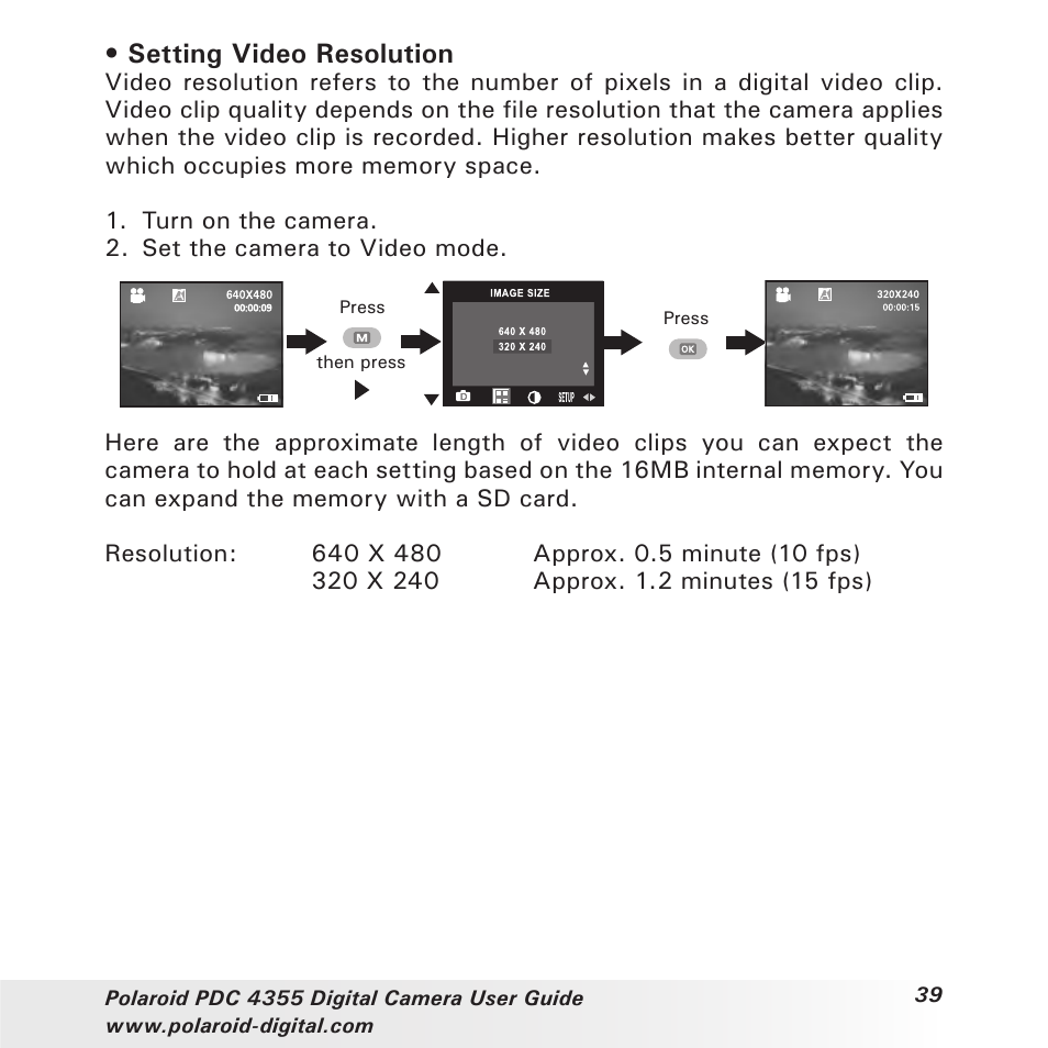 Setting video resolution | Polaroid PDC 4355 User Manual | Page 39 / 80