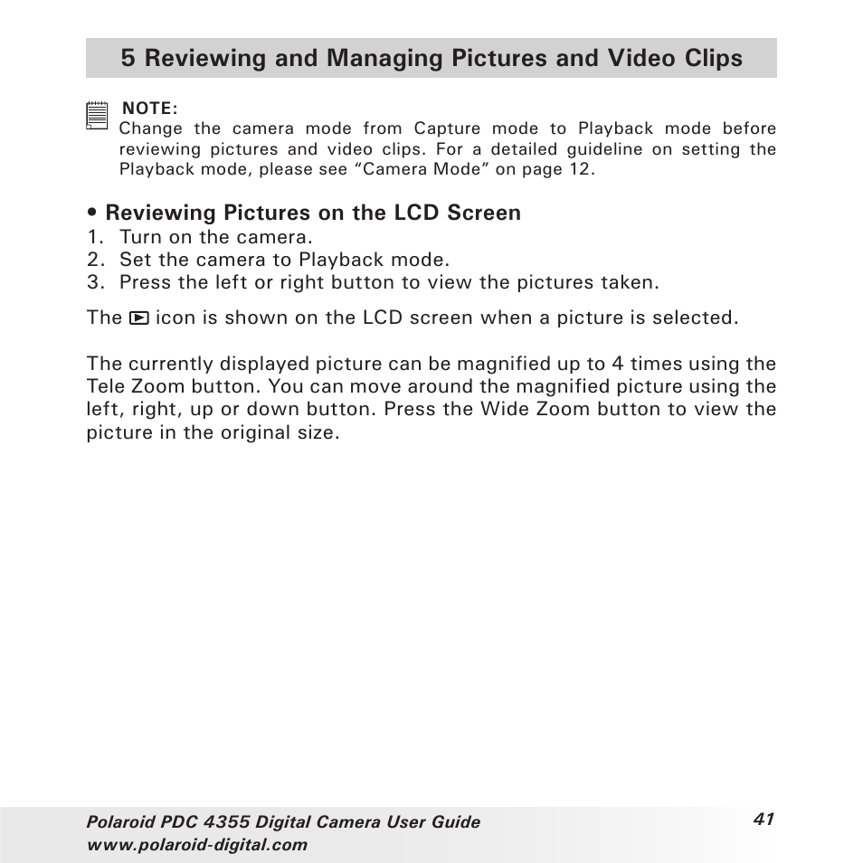 5 reviewing and managing pictures and video clips, Reviewing pictures on the lcd screen | Polaroid PDC 4355 User Manual | Page 41 / 80