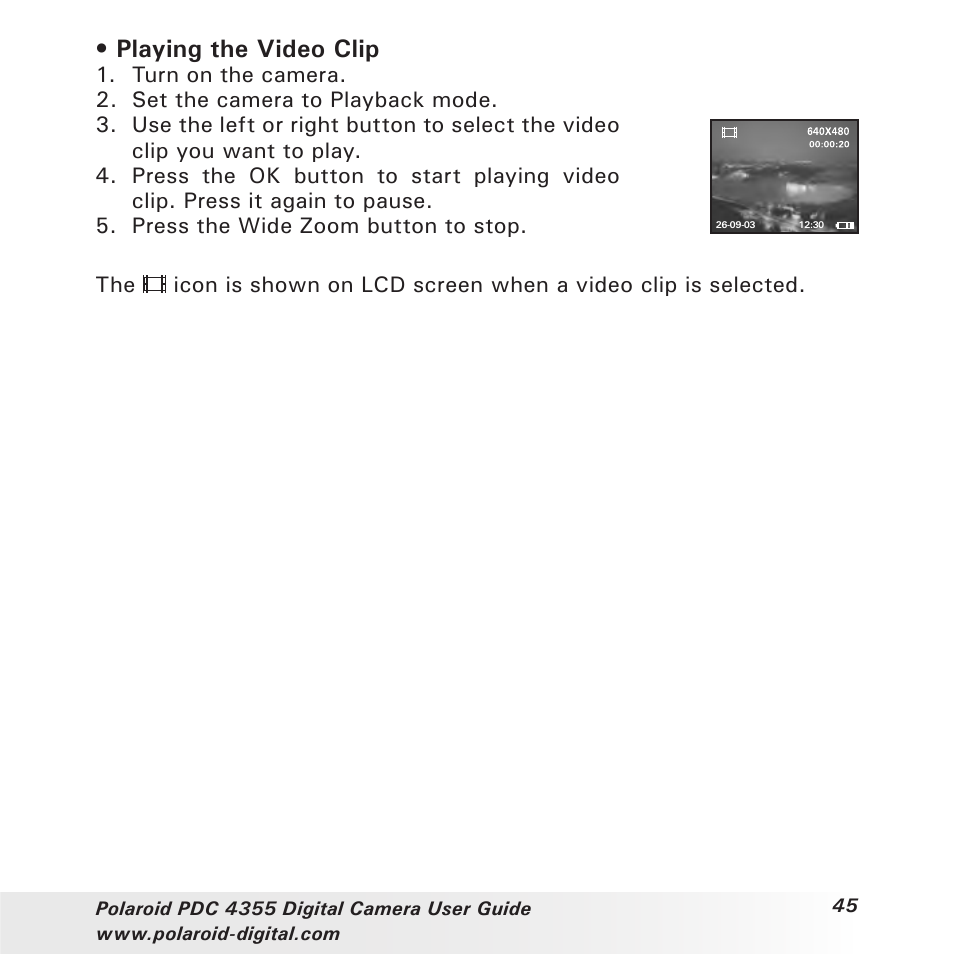 Playing the video clip | Polaroid PDC 4355 User Manual | Page 45 / 80