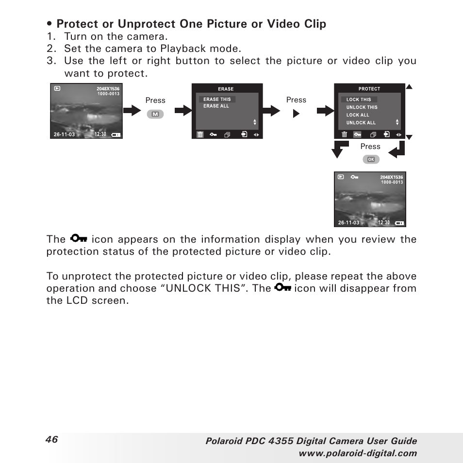 Protect or unprotect one picture or video clip | Polaroid PDC 4355 User Manual | Page 46 / 80