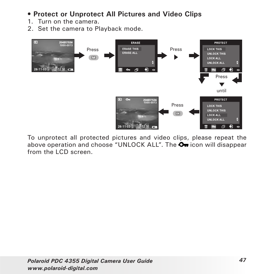 Protect or unprotect all pictures and video clips | Polaroid PDC 4355 User Manual | Page 47 / 80